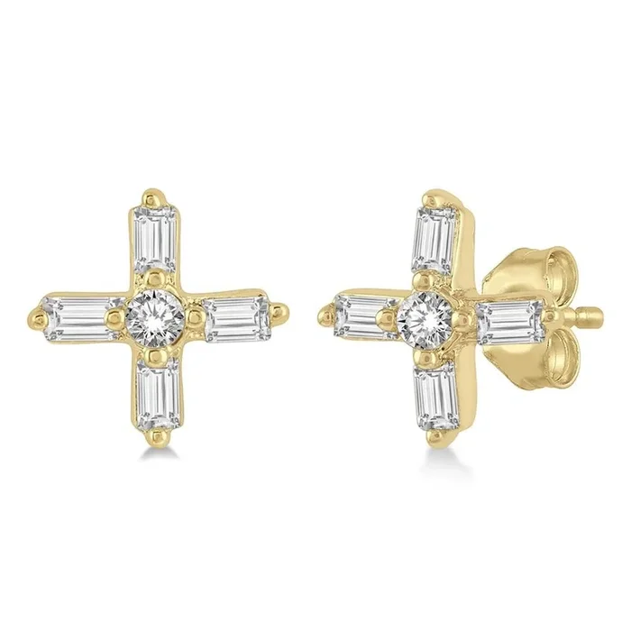 10K Yellow Gold Cross Petite Stud Diamond Earring