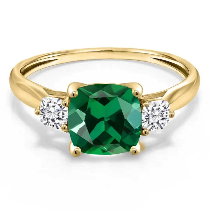 10K Yellow Gold Green Nano Emerald and White Moissanite Engagement Ring For Women | 0.91 Cttw | Cushion 7MM | Gemstone May Birthstone