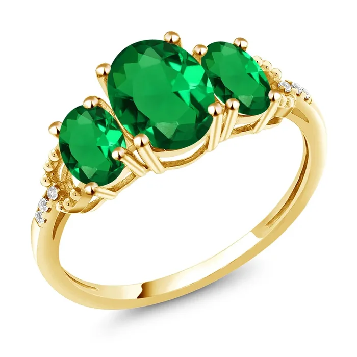 10K Yellow Gold Green Simulated Emerald and Diamond Accent 3-Stone Engagement Ring | 1.59 Cttw | Three Stone Wedding Anniversary Gold Promise Ring For Women