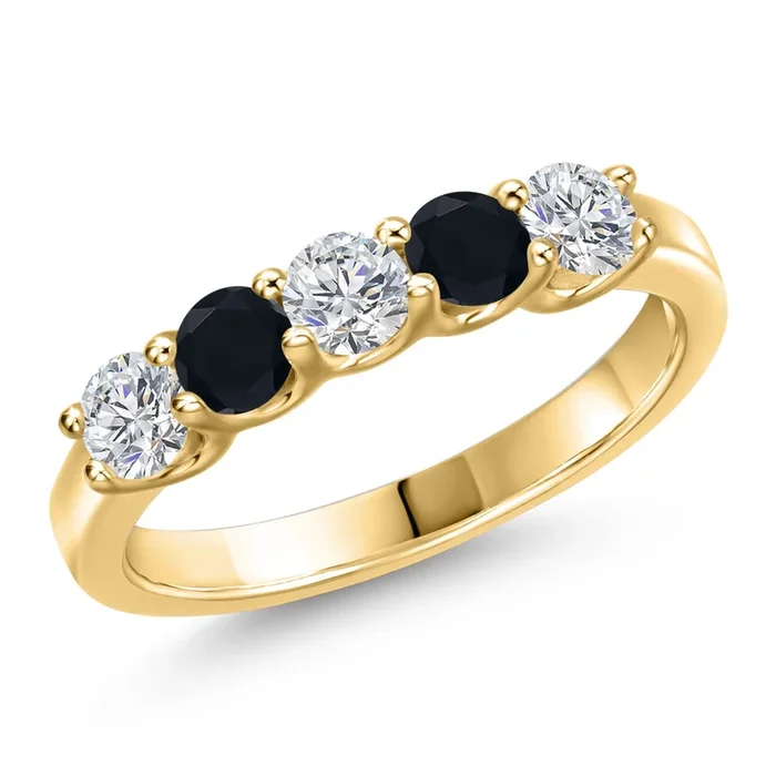 10K Yellow Gold Lab Grown Diamond and Black Onyx 5-Stone Wedding-Bands Ring For Women | 0.77 Cttw | Round 3.5MM | Wedding Engagement Anniversary Promise Ring For Women