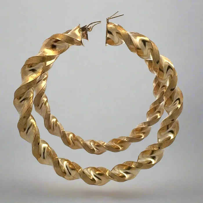 10K Yellow Gold Large 3.4″ Extra Thick Twist Brushed + Polished Ladies Hoop Earrings