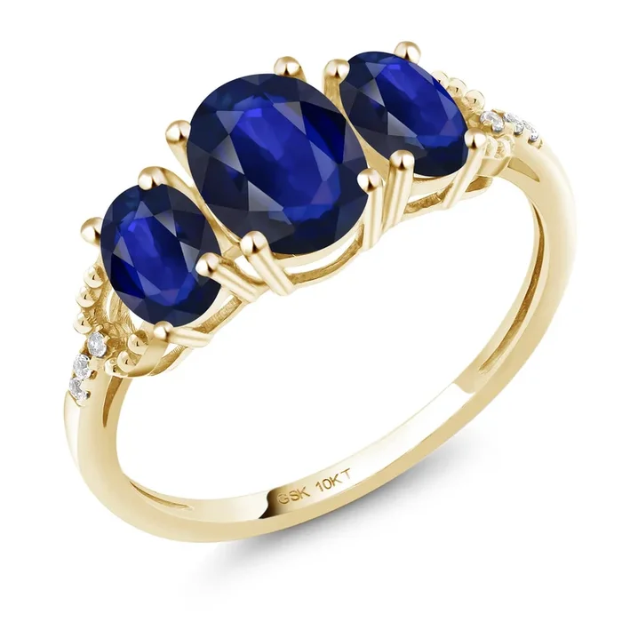 10K Yellow Gold Oval Blue Sapphire and Diamond 3-Stone Engagement Ring | 4.23 Cttw | Three Stone Wedding Anniversary Promise Gold Ring For Women)