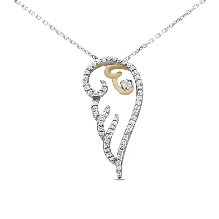 10K Yellow Gold over .925 Sterling Silver 1/4 Cttw Diamond Angel Wing 18″ Pendant Necklace (H-I Color, I1-I2 Clarity)