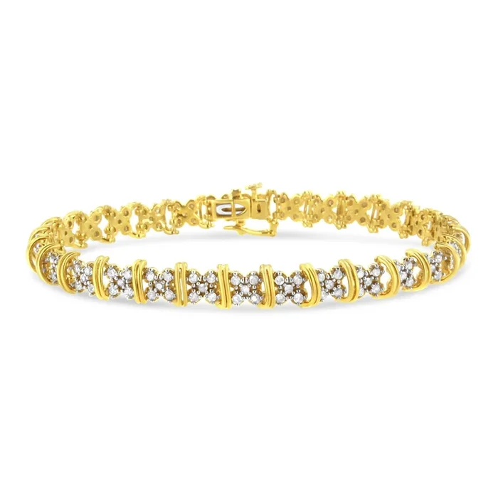 10K Yellow Gold Plated .925 Sterling Silver 2.0 Cttw Round Diamond Cluster “X” Shaped Link Bracelet (H-I Color, I3 Clarity) – 7″