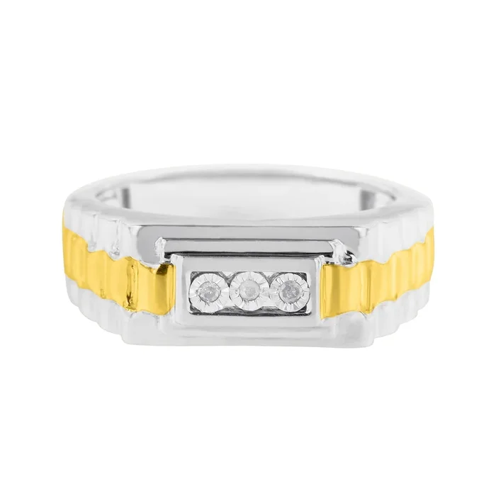10K Yellow Gold Plated .925 Sterling Silver Diamond Accent Miracle-Set 3 Stone Ridged Band Gentlemen’s Fashion Ring (I-J Color, I2-I3 Clarity)