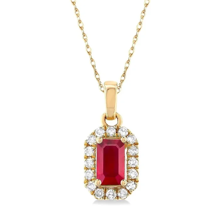 10K Yellow Gold Ruby And Diamond Halo Pendant Necklace