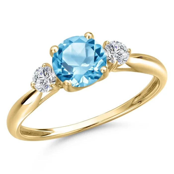 10K Yellow Gold Swiss Blue Topaz and Lab Grown Diamond 3-Stone Engagement Ring For Women | 1.22 Cttw | Round 6MM | Three Stone Wedding Anniversary Promise Ring For Women