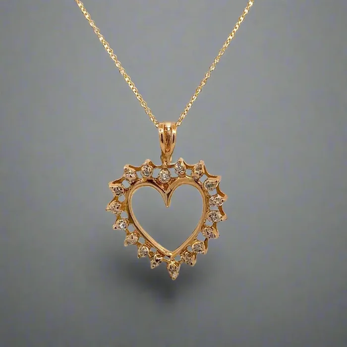 10K Yellow Gold Vintage Diamond Open Heart + 14K Link Necklace