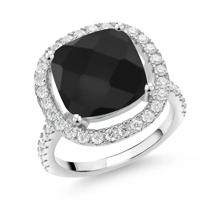 12MM Cushion Gemstone Birthstone and White Moissanite Ring For Women | 925 Sterling Silver | Wedding Engagement Anniversary Promise Ring | Available In Size 5, 6, 7, 8, 9
