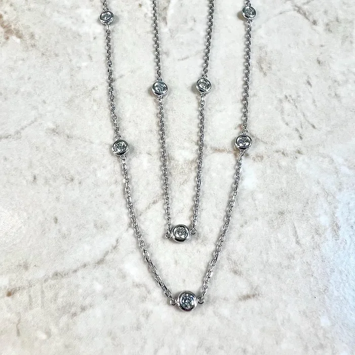 14 Karat White Gold 0.80 Carat Bezel Diamond Station Necklace