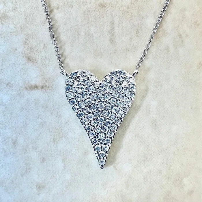 14 Karat White Gold 1/2 Carat Diamond Pave Heart Pendant Necklace