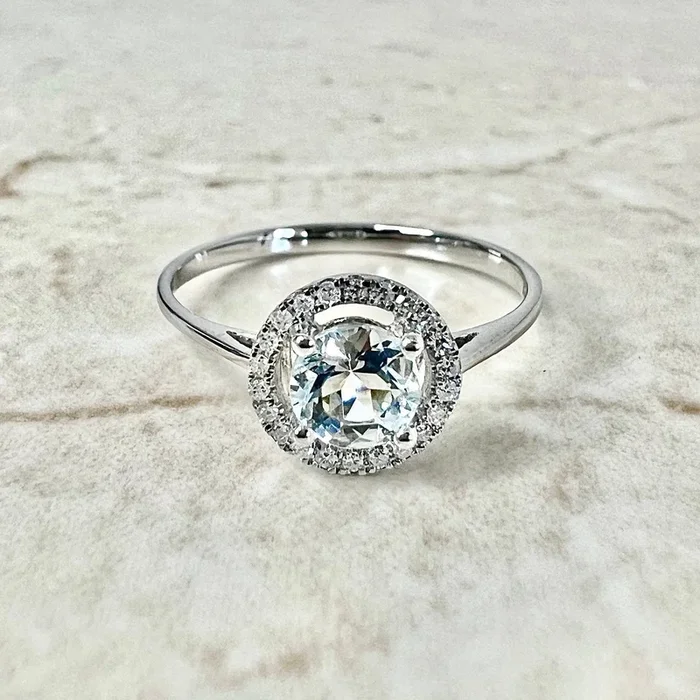 14 Karat White Gold March Birthstone Round Aquamarine & Diamond Halo Ring