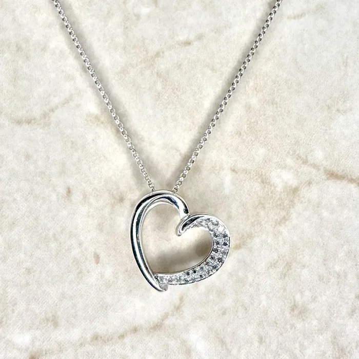 14 Karat White Gold Pave Set Diamond Open Heart Pendant Necklace