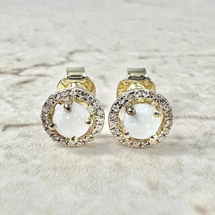 14 Karat Yellow Gold October Birthstone Round Opal & Diamond Halo Stud Earrings
