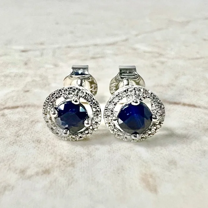 14 Karat Yellow Gold September Birthstone Round Blue Sapphire & Diamond Halo Stud Earrings