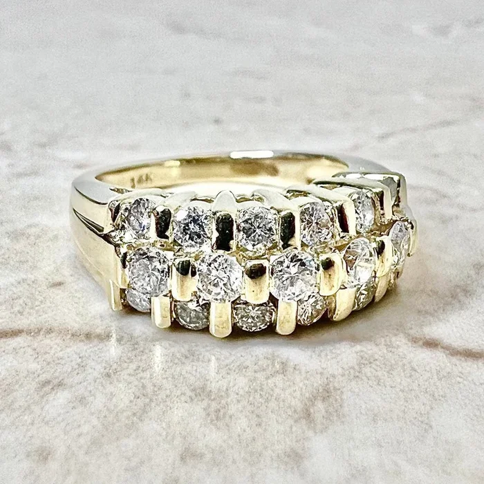 14 Karat Yellow Gold Triple Row Diamond Band Ring