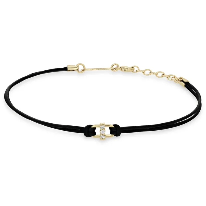 14k 3 Prong Diamond Link Leather Cord Bracelet