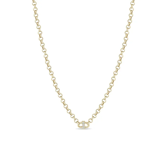 14k 3 Prong Diamond Open Link Medium Rolo Chain Necklace