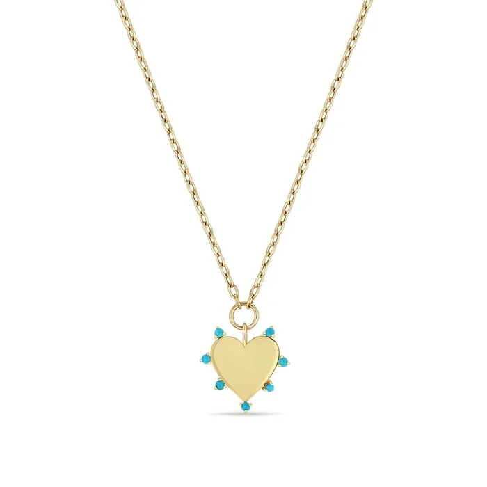 14k 7 Prong Turquoise Heart Pendant on Small Square Oval Chain