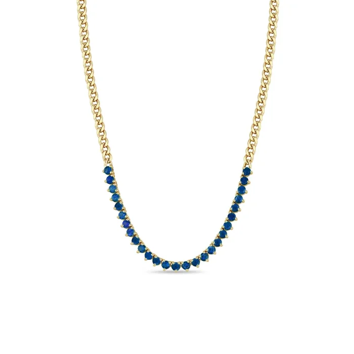 14k Blue Sapphire Tennis Segment Small Curb Chain Necklace