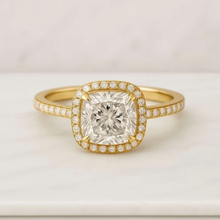 14K Cushion Cut Halo Diamond Engagement Ring with Moissanite Pave Set