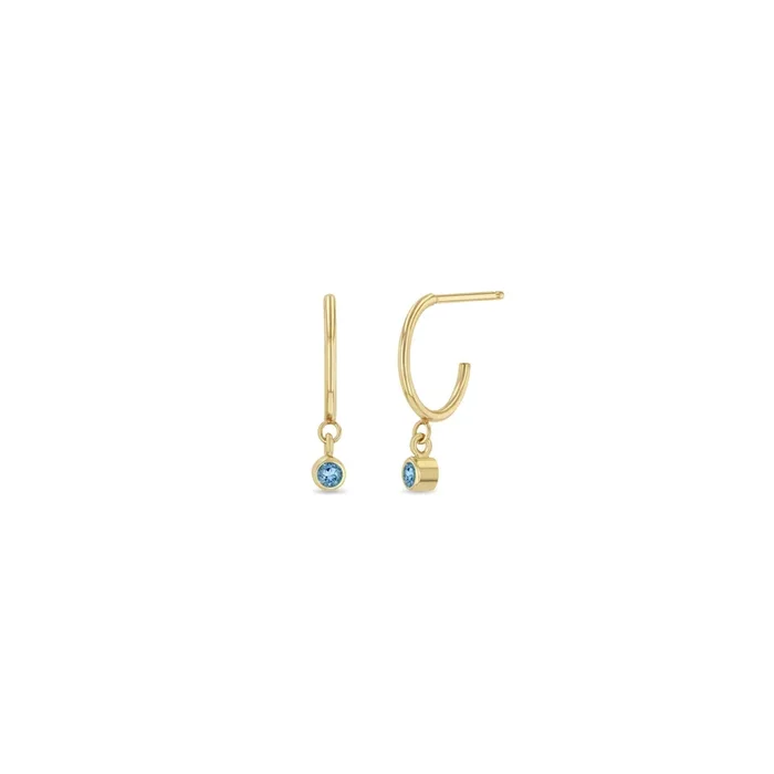 14k Dangling Aquamarine Huggie Hoops | March Birthstone