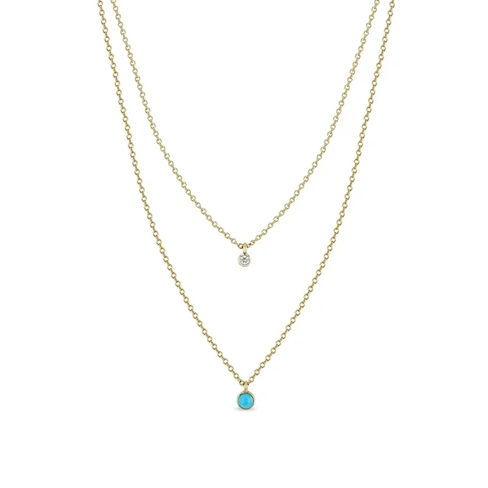 14k Diamond & Turquoise Bezel Layered Chain Necklace