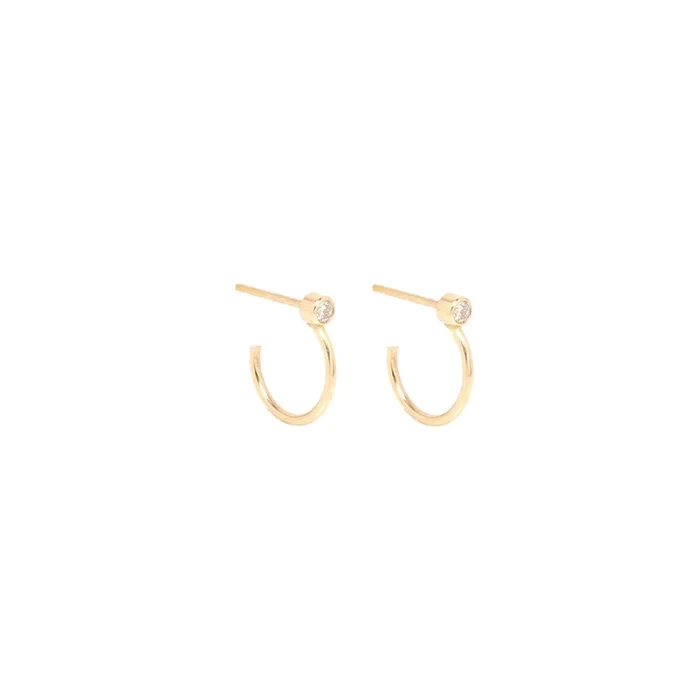 14k Diamond Bezel Thin Huggie Hoops