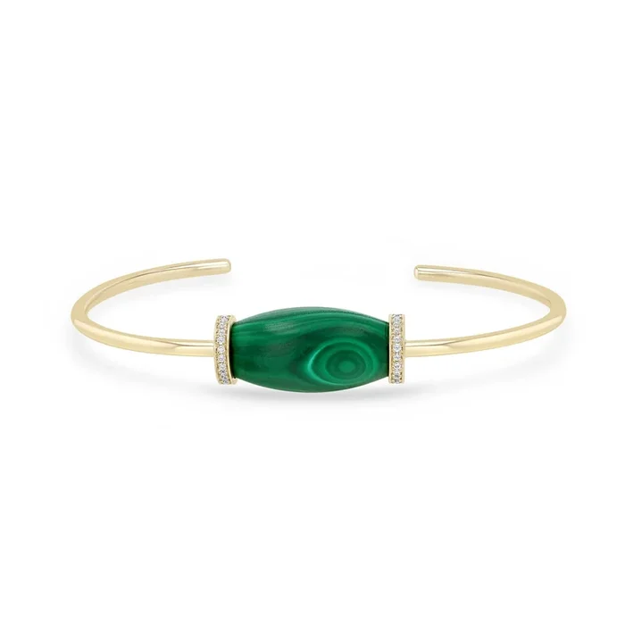 14k Diamond Malachite Barrel Bead Cuff