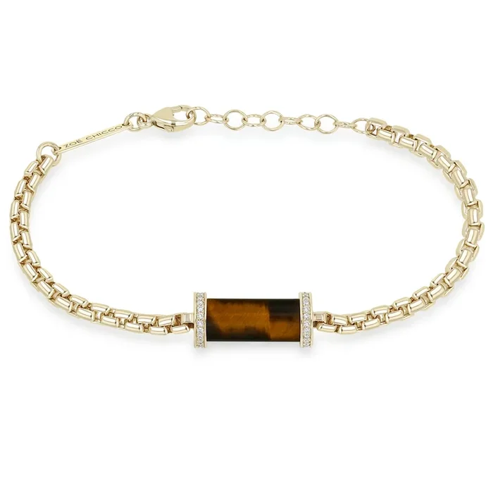 14k Diamond Tiger Eye Tube Large Box Chain Bracelet