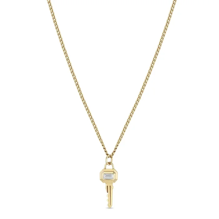 14k Emerald Cut Diamond Bezel Key Pendant Necklace