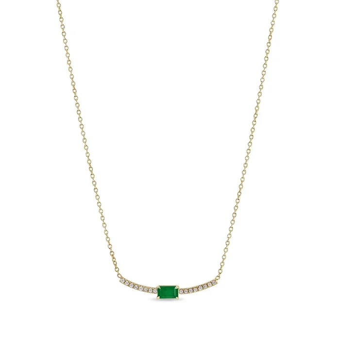 14k Emerald Cut Emerald Curved Pavé Diamond Bar Necklace