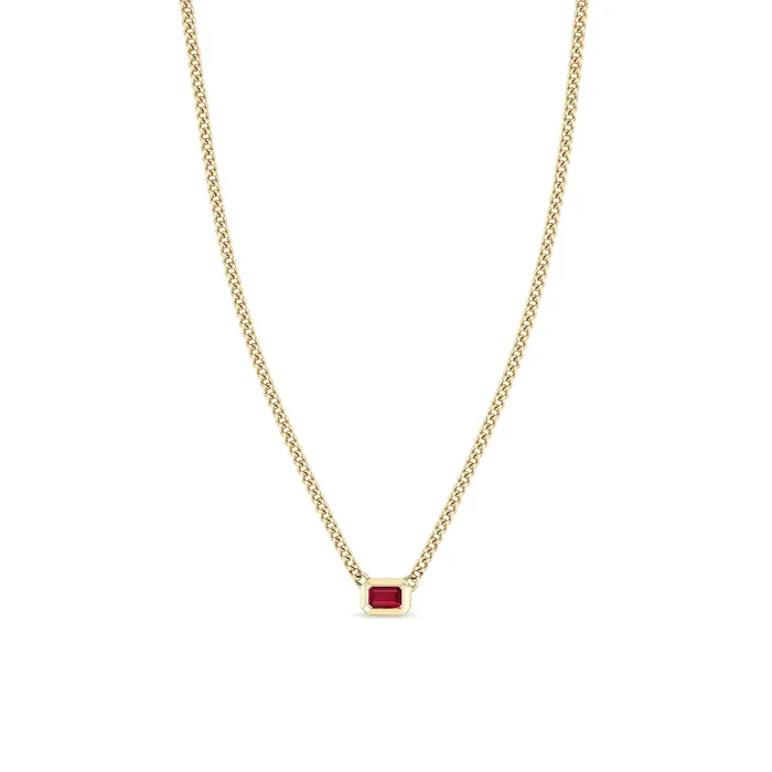 14k Emerald Cut Ruby Bezel XS Curb Chain Necklace