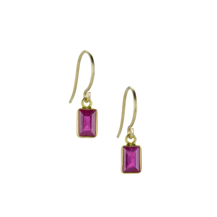 14k Emerald Cut Ruby Drop Earrings