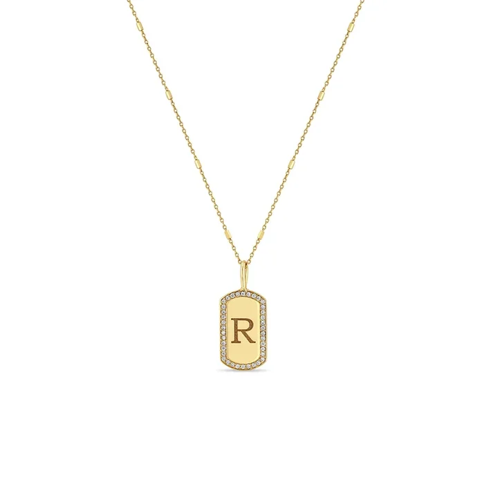 14k Engraved Initial X-Small Pavé Diamond Dog Tag Necklace