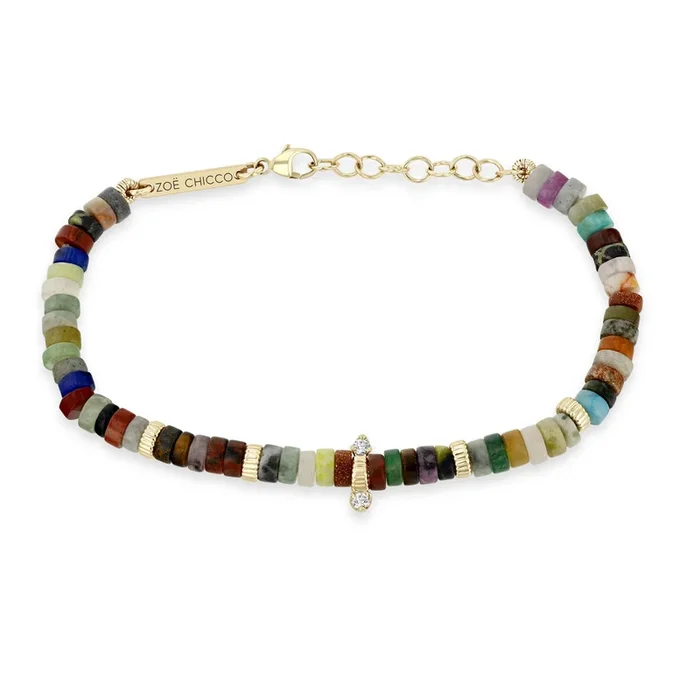 14k Gold & Mixed Gemstone Heishi Bead Bracelet with 2 Prong Diamonds