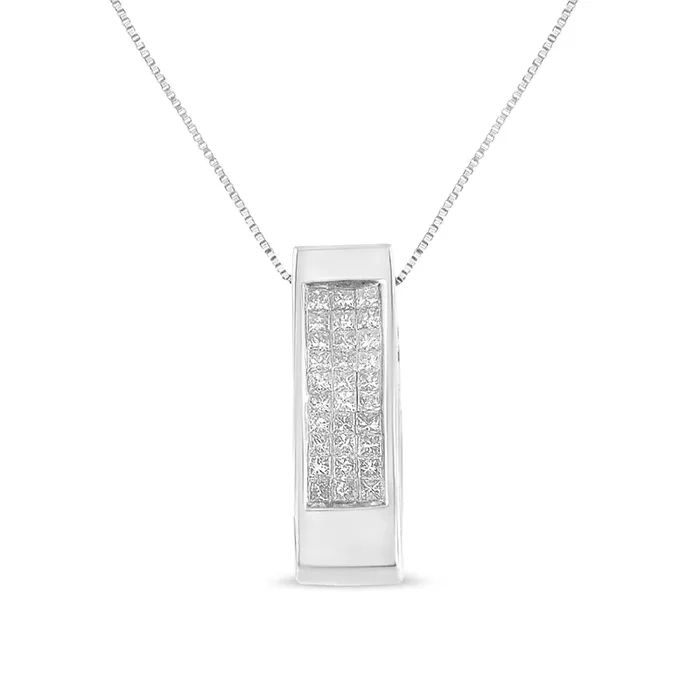 14K Gold 1/2 Cttw Invisible Set Princess Cut Diamond Vertical Bar Block Pendant 18″ Necklace (H-I Color, SI2-I1 Clarity)