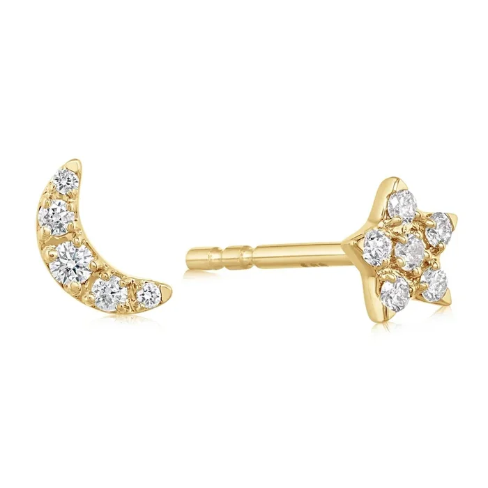 14K Gold .1 CTW Pave Star & Moon Diamond Stud Earrings