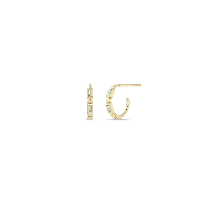 14k Gold Baguette Diamond and Bead Huggie Hoops