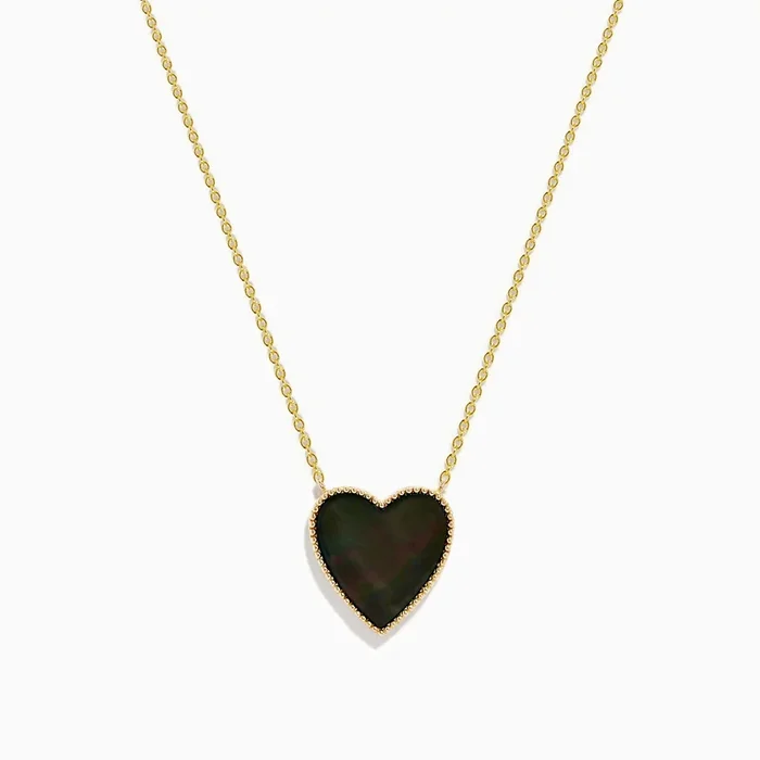 14K Gold Black Mother of Pearl and Diamond Reversible Heart Necklace
