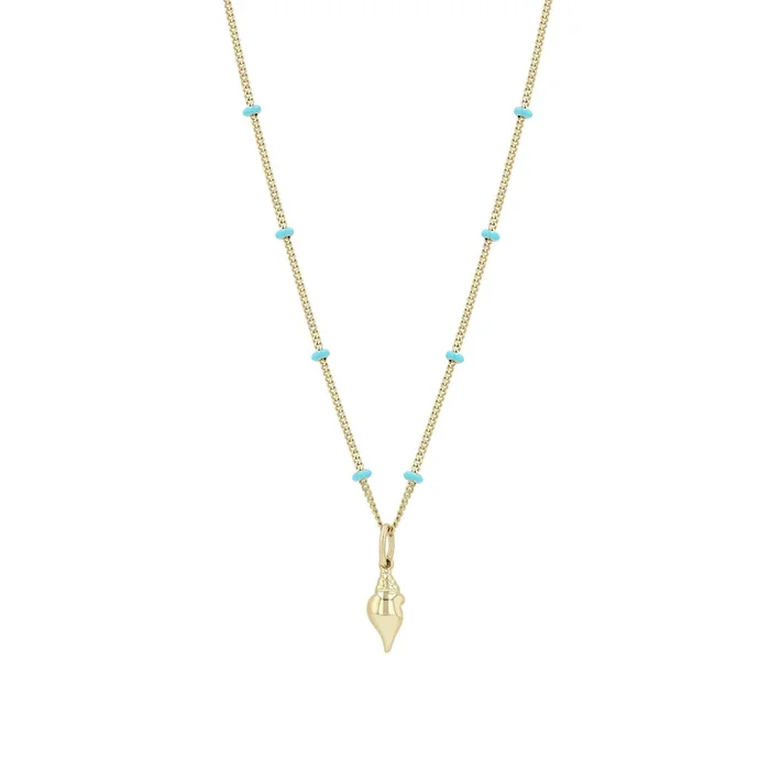 14k Gold Conch Shell Turquoise Enamel Satellite Chain Necklace