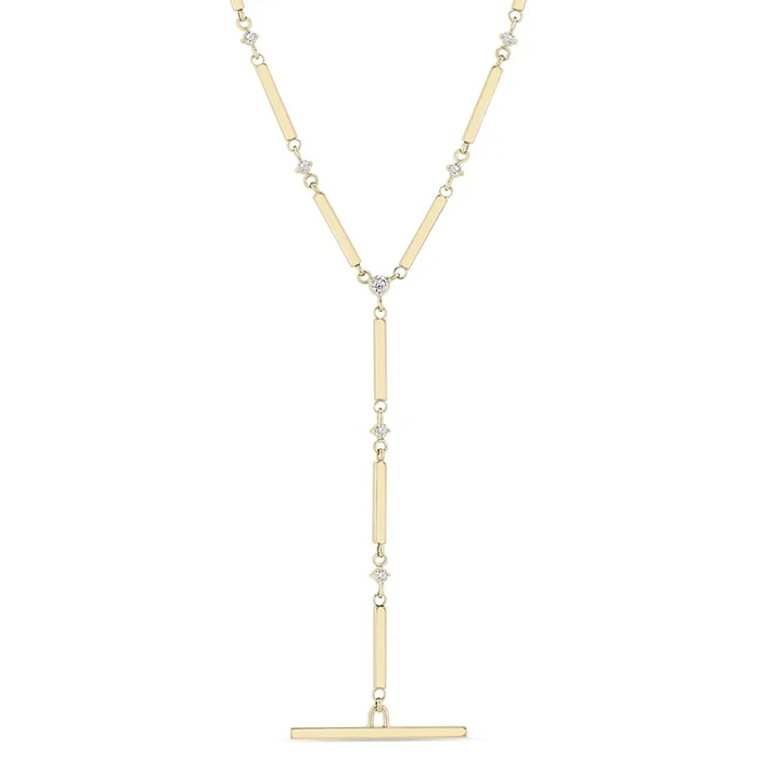 14k Gold Linked Bar & Prong Diamond Faux Toggle Lariat Necklace
