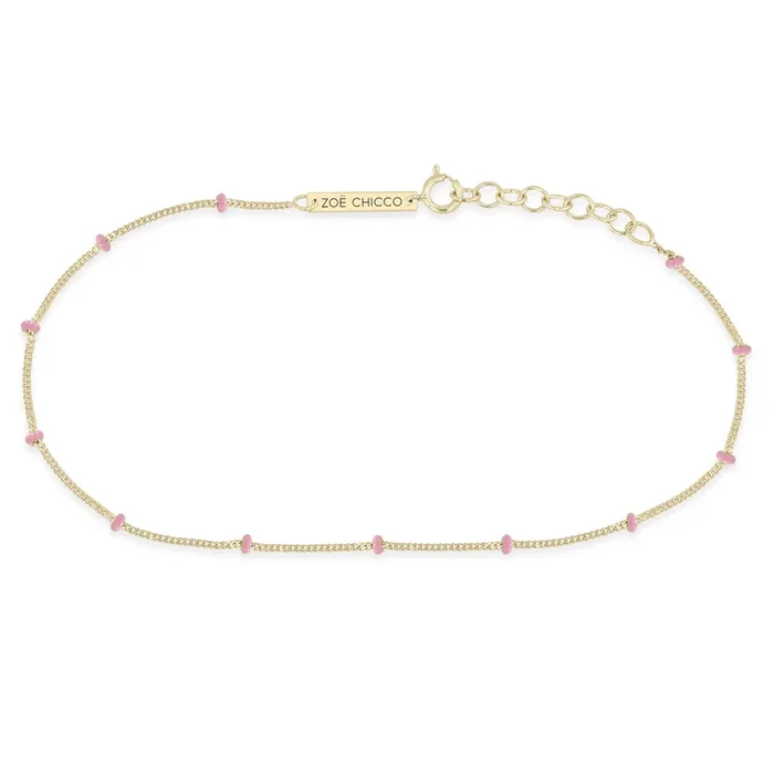 14k Gold Pink Enamel Satellite Chain Anklet