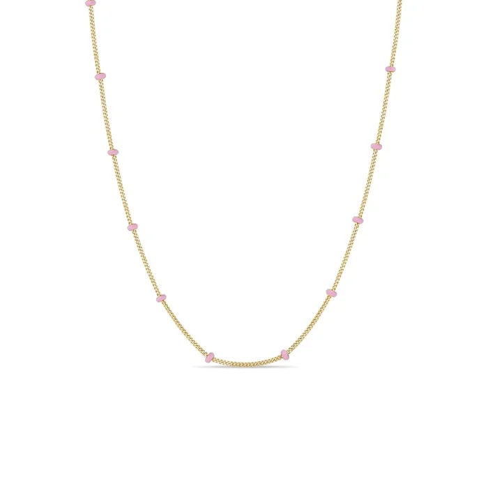 14k Gold Pink Enamel Satellite Chain Necklace