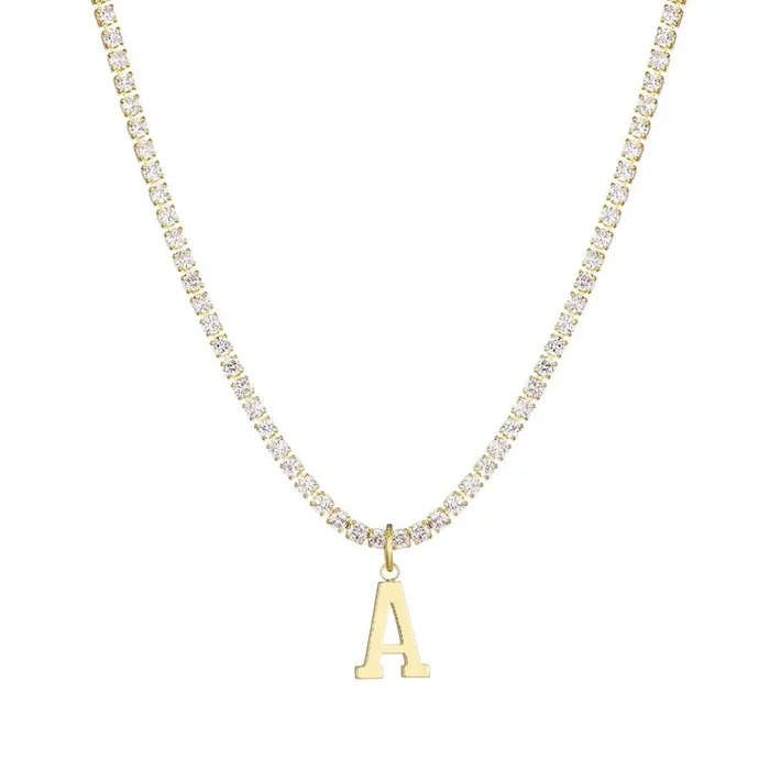14k Gold Plated Tennis Necklace with Initial Charm