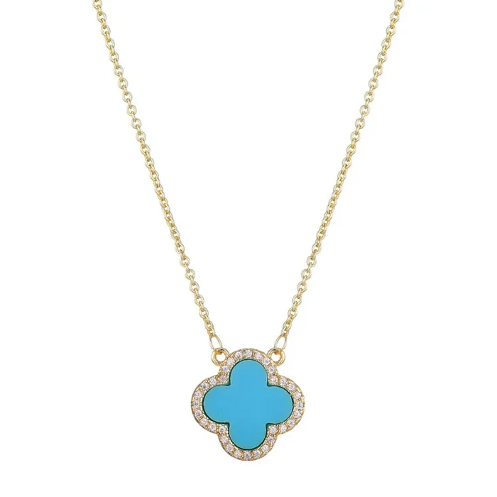 14k Gold Plated Turquoise CZ Halo Clover Necklace