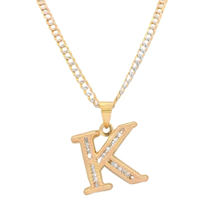 14K Initial (K) CZ Pendant w/ Solid Two Tone Cuban Chain (18” Inches) JTJ™