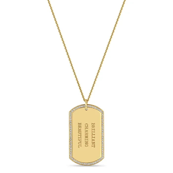 14k Large Engraved Dog Tag with Pavé Diamond Border Necklace