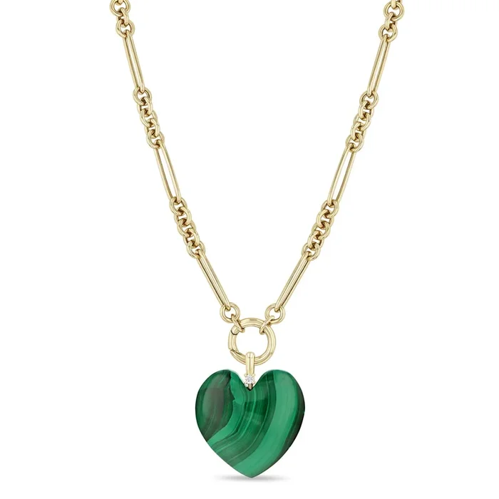 14k Large Malachite Heart Pendant Mixed Paperclip Rolo Chain Necklace