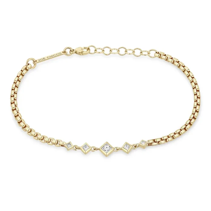 14k Linked Graduated Princess Diamond Bezel Box Chain Bracelet